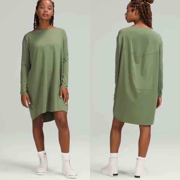 Lululemon Back In Action Long Sleeve Dress Green Shift Oversized Casual Size XL - Picture 2 of 11